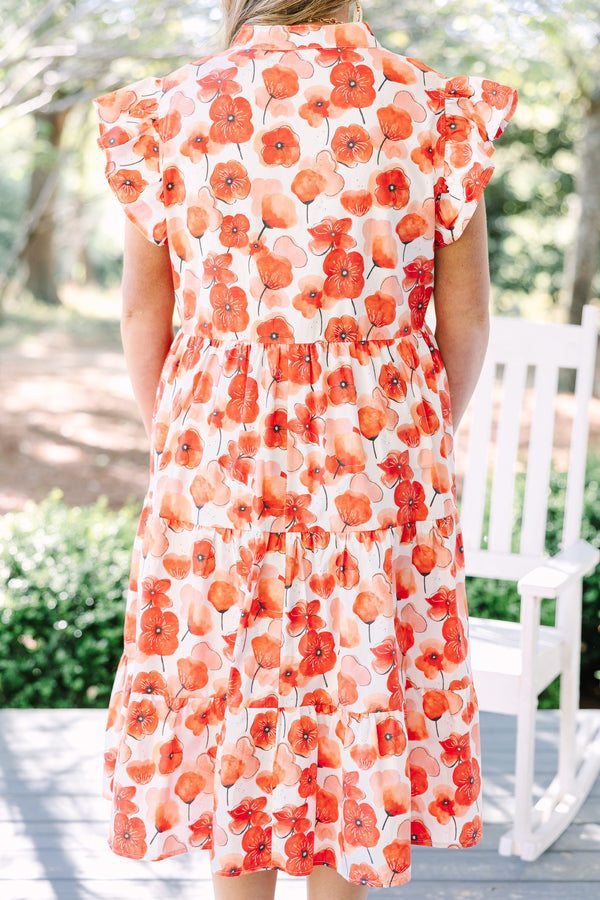 Chic Soul plus size clothing, red floral tiered midi dress with flutter sleeves and a v-neckline 
