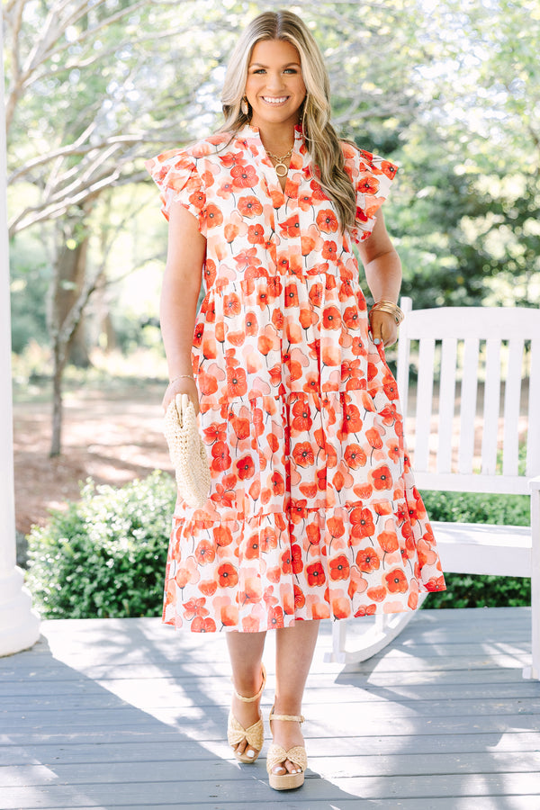 Chic Soul plus size clothing, red floral tiered midi dress with flutter sleeves and a v-neckline 