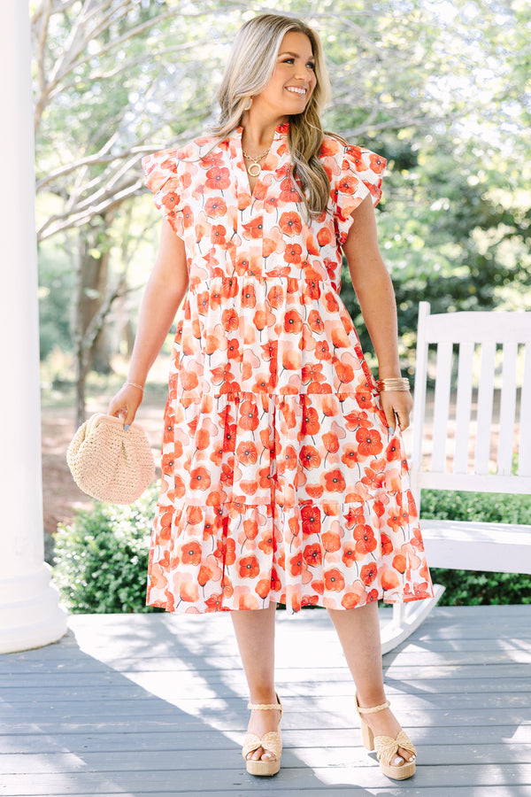 Chic Soul plus size clothing, red floral tiered midi dress with flutter sleeves and a v-neckline 