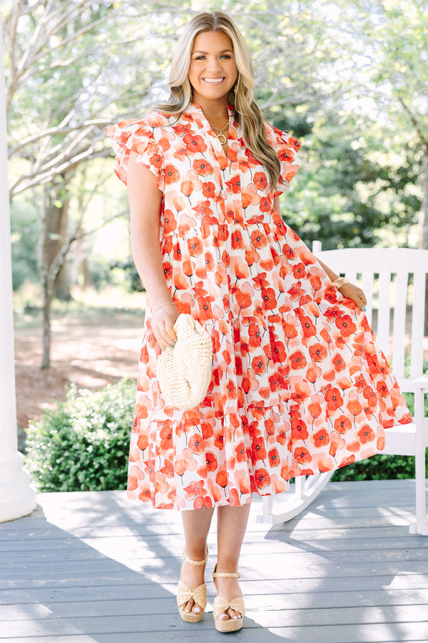 Chic Soul plus size clothing, red floral tiered midi dress with flutter sleeves and a v-neckline 