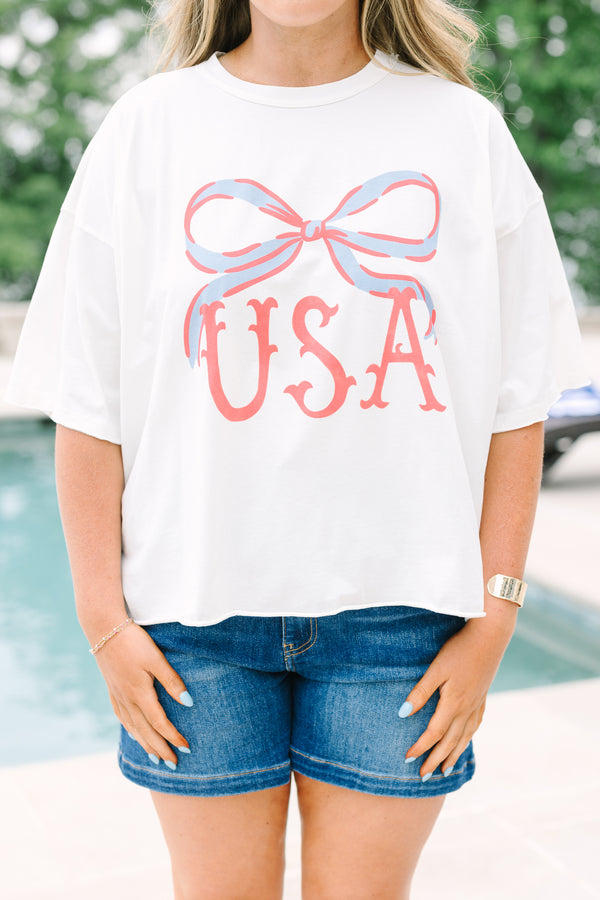 Chic Soul plus size clothing, white cropped tee with graphic of bow and 
