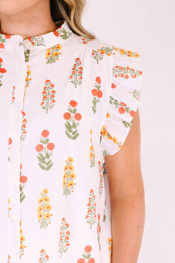 Chic Soul plus size clothing, white button-up top with flutter sleeves and a red and yellow floral pattern throughout 