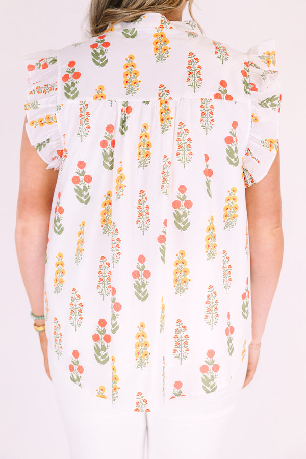 Chic Soul plus size clothing, white button-up top with flutter sleeves and a red and yellow floral pattern throughout 