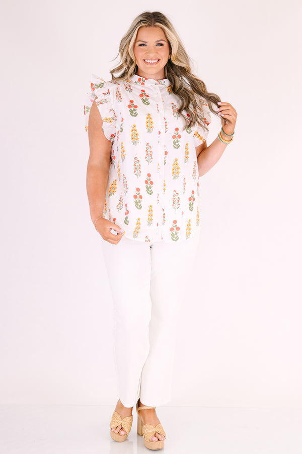 Chic Soul plus size clothing, white button-up top with flutter sleeves and a red and yellow floral pattern throughout 