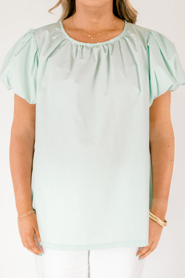 Chic Soul plus size clothing, light mint green short puff sleeve crew neck top