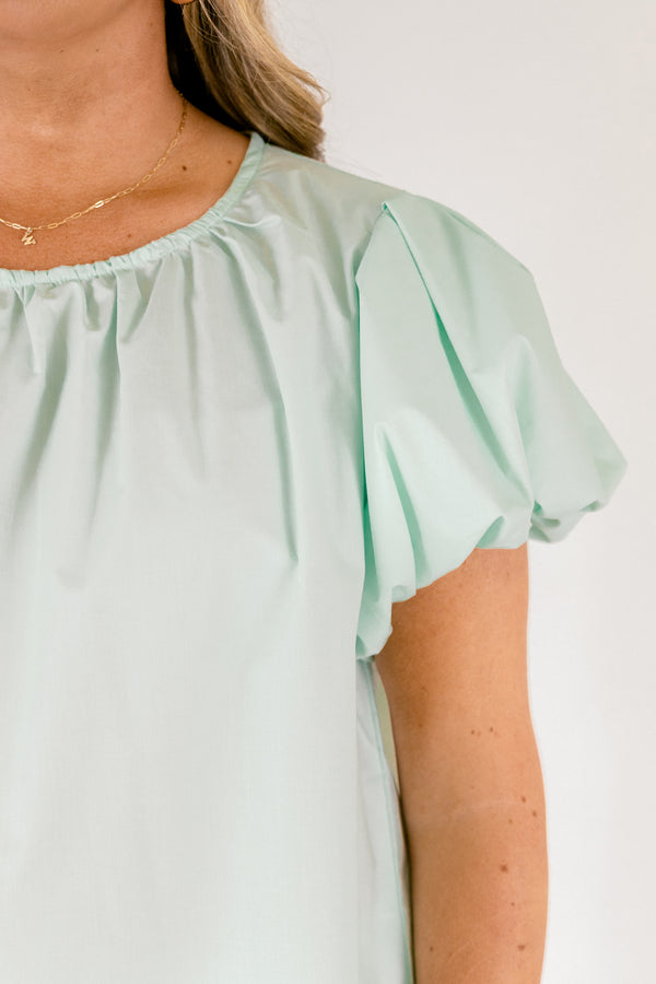 Chic Soul plus size clothing, light mint green short puff sleeve crew neck top