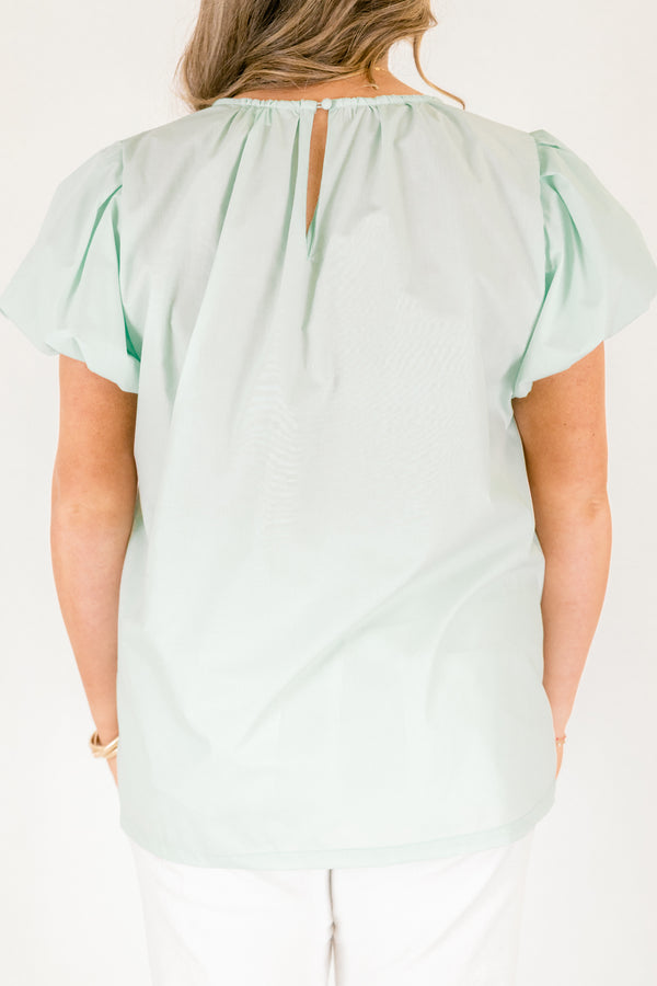 Chic Soul plus size clothing, light mint green short puff sleeve crew neck top