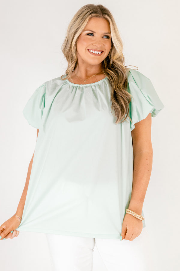 Chic Soul plus size clothing, light mint green short puff sleeve crew neck top