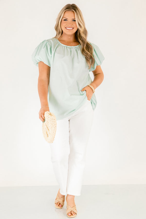 Chic Soul plus size clothing, light mint green short puff sleeve crew neck top