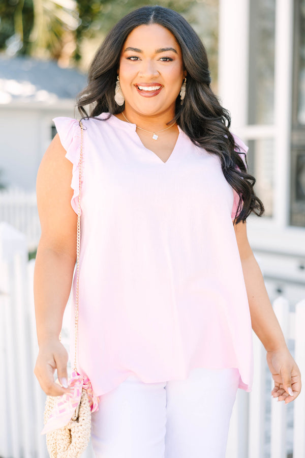 Chic Soul plus size clothing, light pink flutter cap sleeve top with v neck cutout
