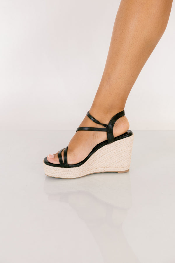 Chic Soul plus size clothing, natural woven wedges with black strappy top and ankle buckle 