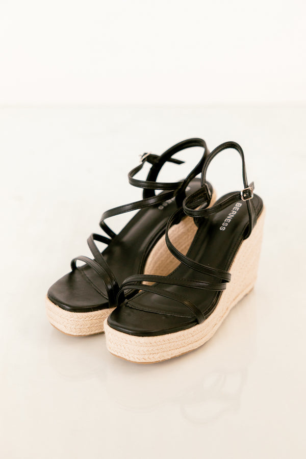 Chic Soul plus size clothing, natural woven wedges with black strappy top and ankle buckle 