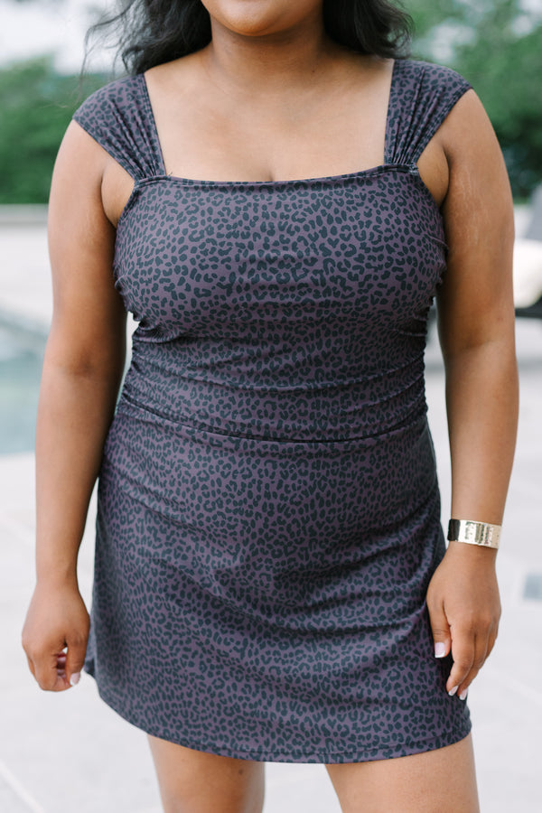 Plus Size leopard print swim dress with a square neckline and ruched bodice in dark brown.