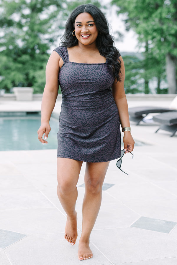 Plus Size leopard print swim dress with a square neckline and ruched bodice in dark brown.
