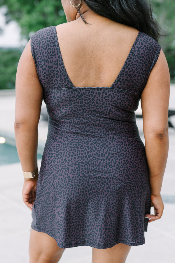 Plus Size leopard print swim dress with a square neckline and ruched bodice in dark brown.