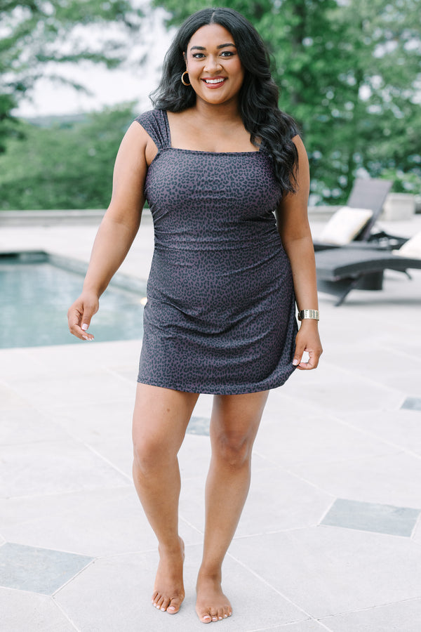 Plus Size leopard print swim dress with a square neckline and ruched bodice in dark brown.