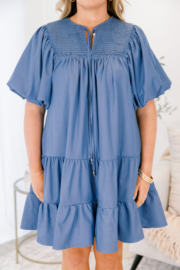 Chic Soul plus size clothing, denim blue short puff sleeve tiered short dress with cinching at the top of the dress