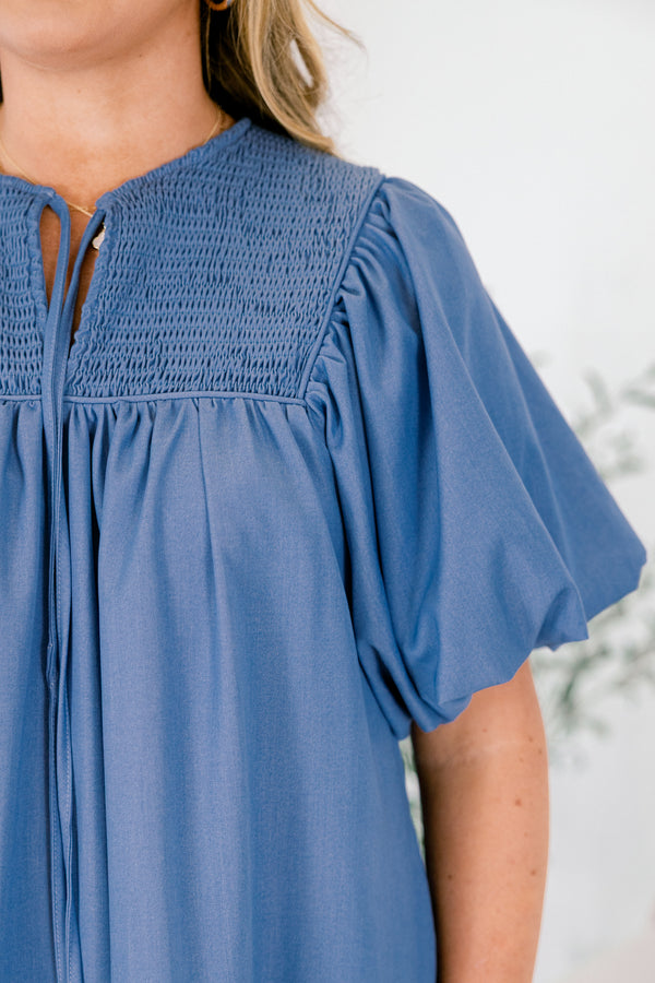 Chic Soul plus size clothing, denim blue short puff sleeve tiered short dress with cinching at the top of the dress