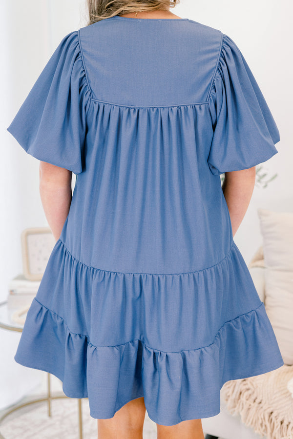 Chic Soul plus size clothing, denim blue short puff sleeve tiered short dress with cinching at the top of the dress