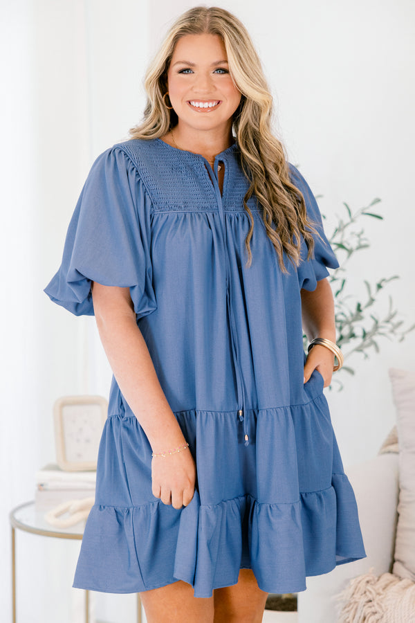 Chic Soul plus size clothing, denim blue short puff sleeve tiered short dress with cinching at the top of the dress