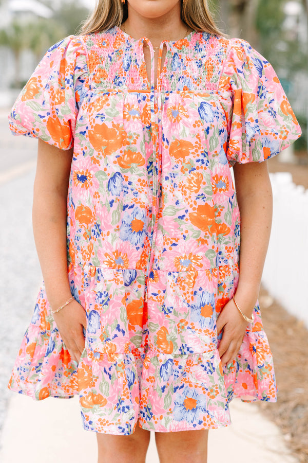 Chic Soul plus size clothing, pink and orange floral short puff sleeve short dress with tiered skirt and tassel ties at the top of the v-neckline