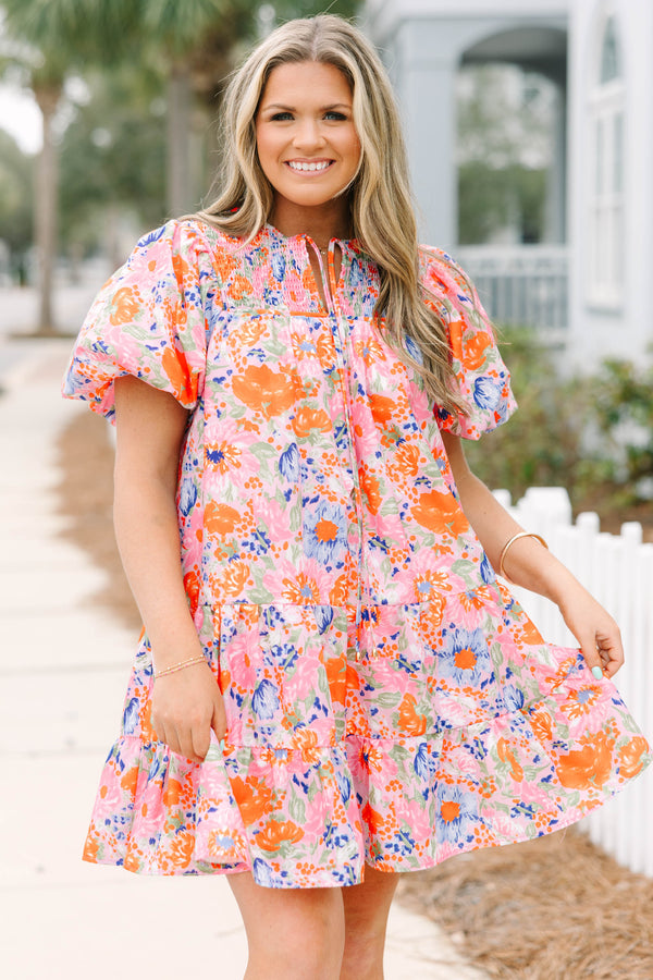 Chic Soul plus size clothing, pink and orange floral short puff sleeve short dress with tiered skirt and tassel ties at the top of the v-neckline