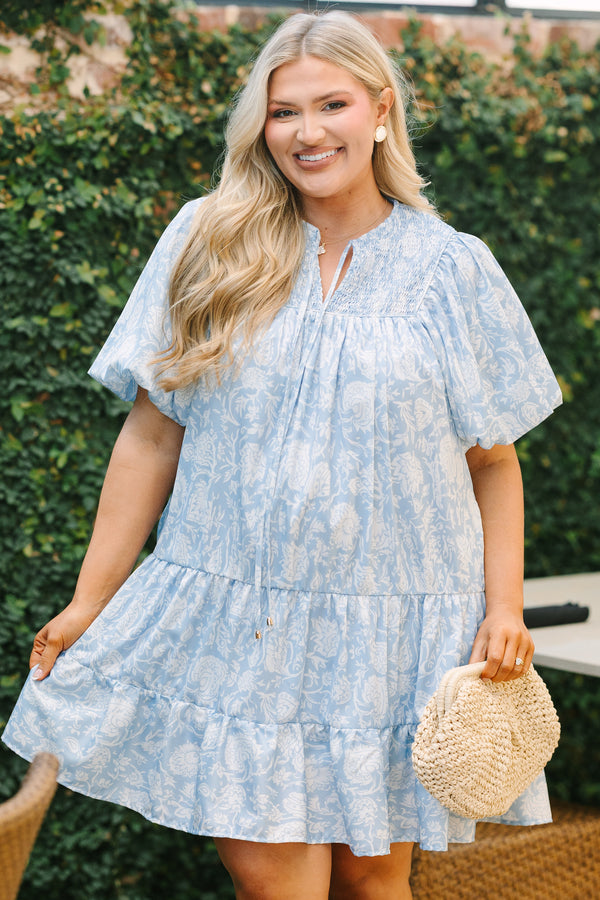 Chic Soul plus size clothing, light blue floral print short puff sleeve tiered baby doll dress with v neck cutout and tassels hanging from the neckline