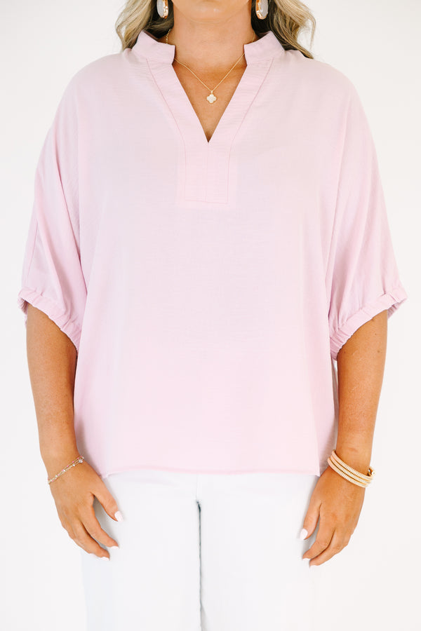 Plus Size baby pink short sleeve top with a split neckline and relaxed fit.