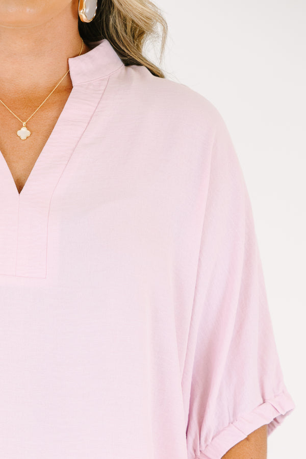 Plus Size baby pink short sleeve top with a split neckline and relaxed fit.