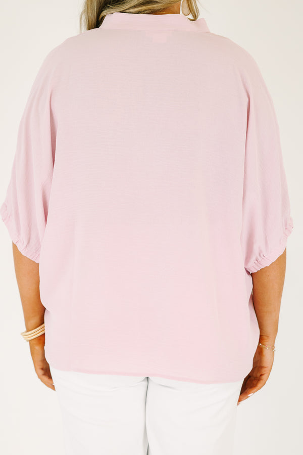 Plus Size baby pink short sleeve top with a split neckline and relaxed fit.