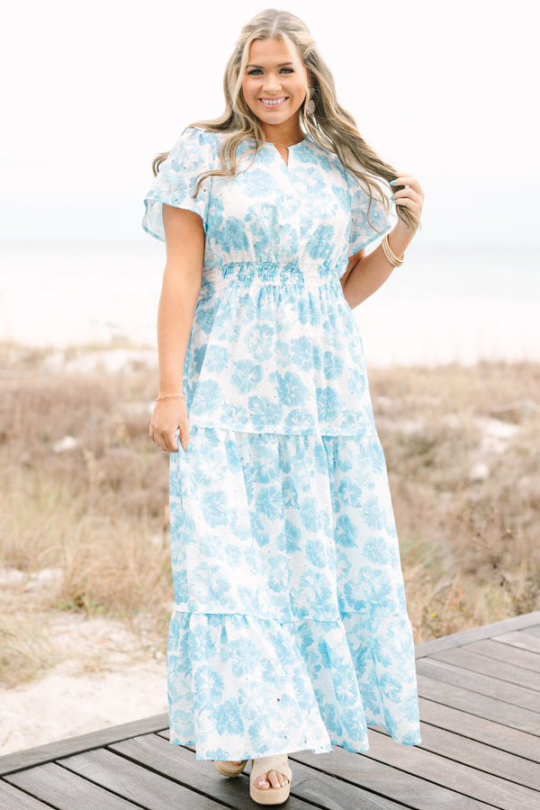 Chic soul plus size clothing, light blue and white floral print wide sleeve tiered maxi dress that cinches at the waist