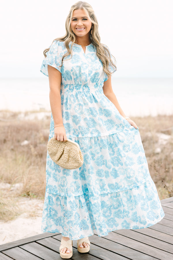 Chic soul plus size clothing, light blue and white floral print wide sleeve tiered maxi dress that cinches at the waist