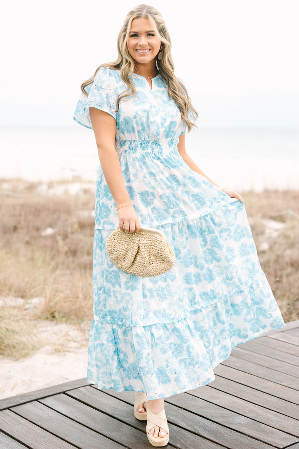 Chic soul plus size clothing, light blue and white floral print wide sleeve tiered maxi dress that cinches at the waist