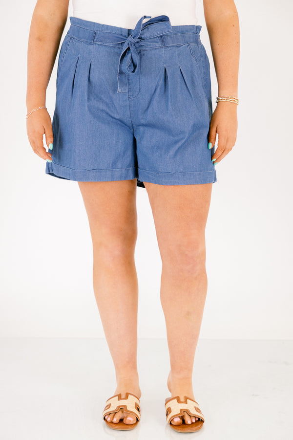 Chic Soul plus size clothing, blue paper bag waist tie pleated shorts