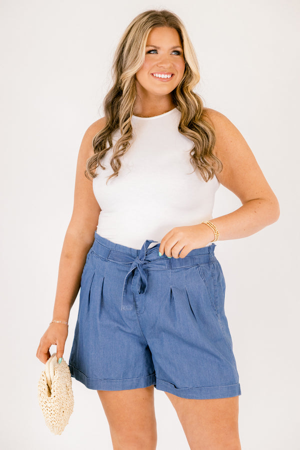 Chic Soul plus size clothing, blue paper bag waist tie pleated shorts