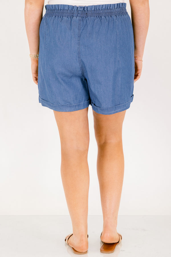 Chic Soul plus size clothing, blue paper bag waist tie pleated shorts