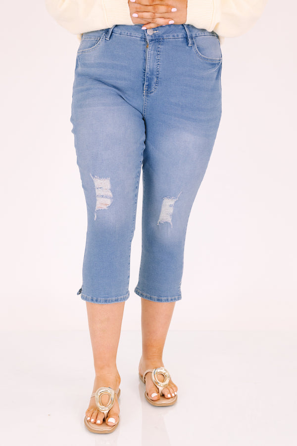 Chic Soul plus size clothing, medium wash blue jean capris with distressing on each knee 