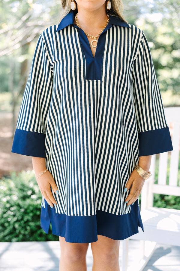Chic Soul plus size clothing, navy and white vertical striped shift dress with solid navy trim.