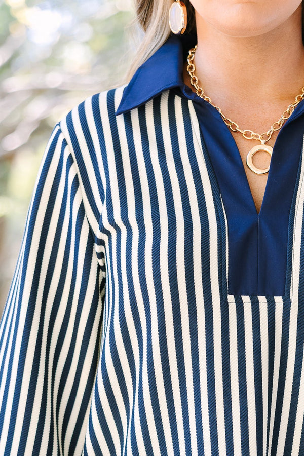 Chic Soul plus size clothing, navy and white vertical striped shift dress with solid navy trim.