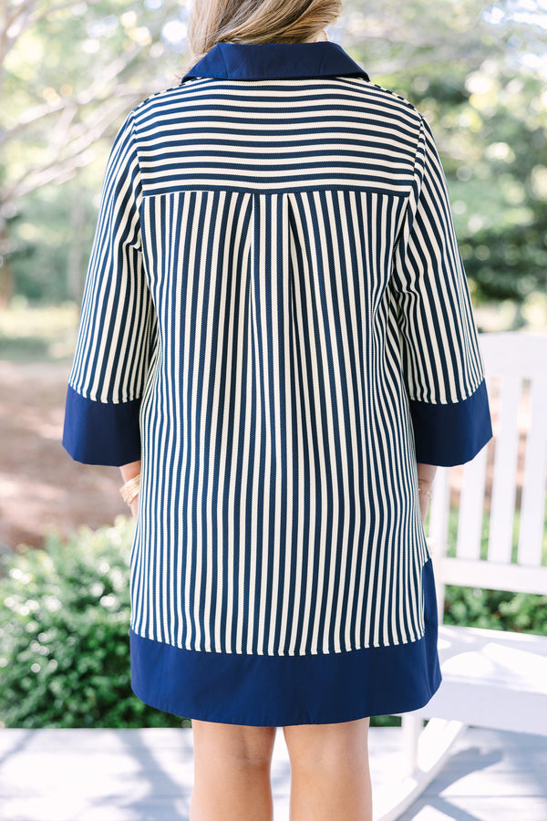 Chic Soul plus size clothing, navy and white vertical striped shift dress with solid navy trim.