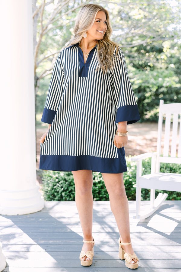 Chic Soul plus size clothing, navy and white vertical striped shift dress with solid navy trim.