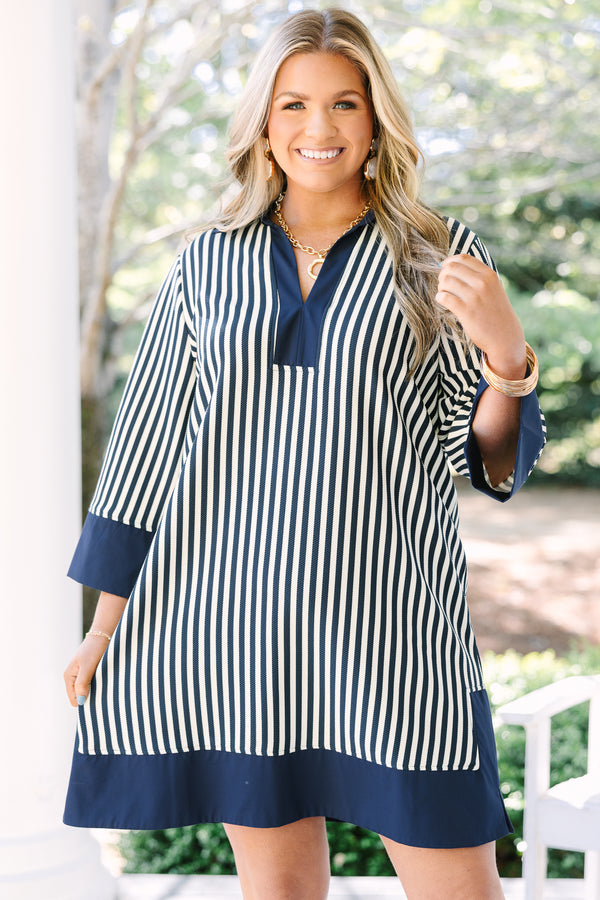 Chic Soul plus size clothing, navy and white vertical striped shift dress with solid navy trim.