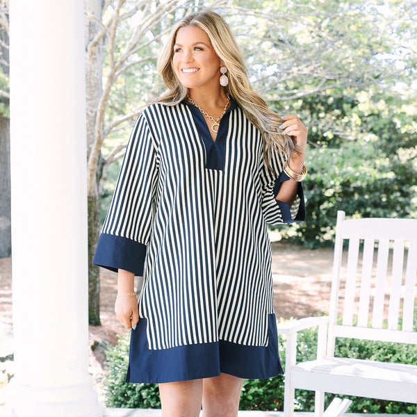 Chic Soul plus size clothing, navy and white vertical striped shift dress with solid navy trim.