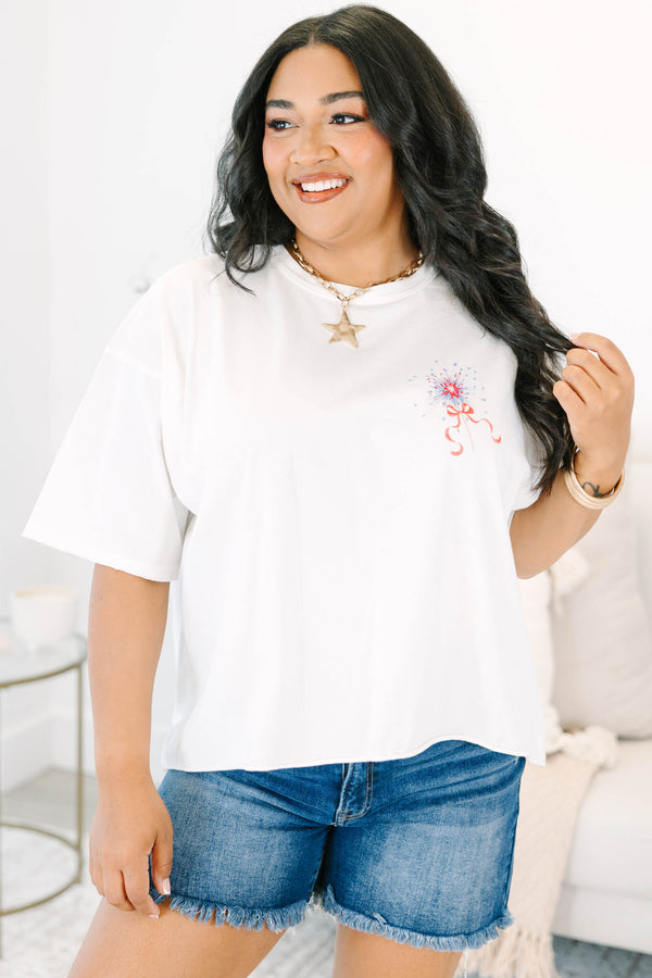 Plus Size white vintage wash tee with a small red and blue sparkler graphic on the chest.