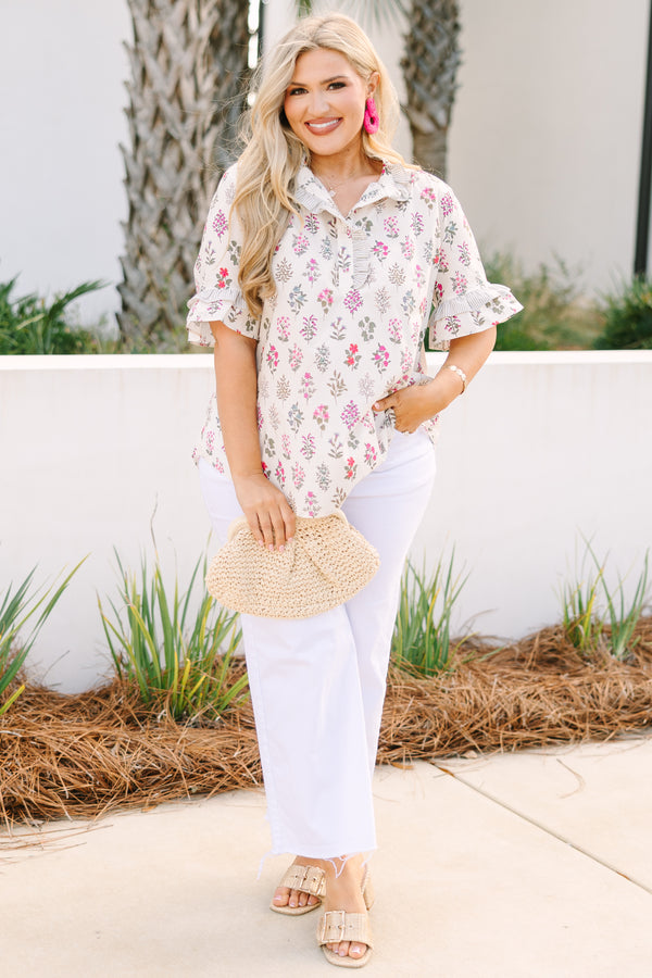 Chic Soul plus size clothing, cream short ruffle sleeve top with pink block floral print and a ruffle v neckline cutout