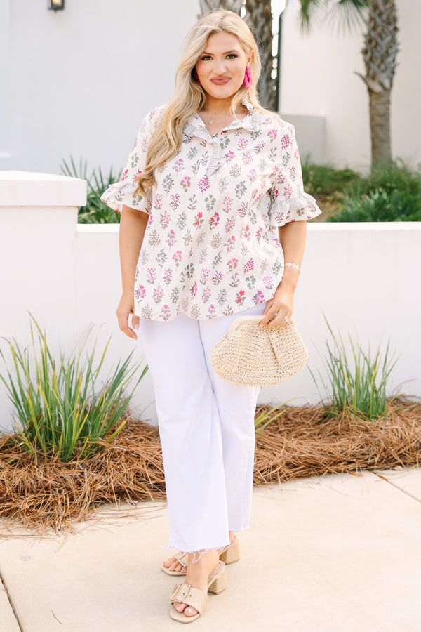 Chic Soul plus size clothing, cream short ruffle sleeve top with pink block floral print and a ruffle v neckline cutout