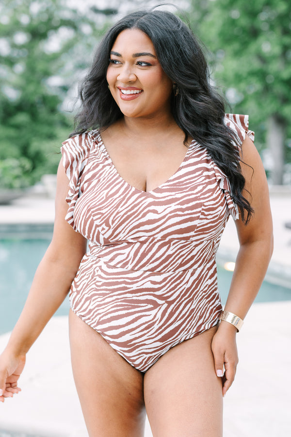 Plus Size brown and white zebra print one-piece swimsuit with ruffled sleeves and a V-neckline.