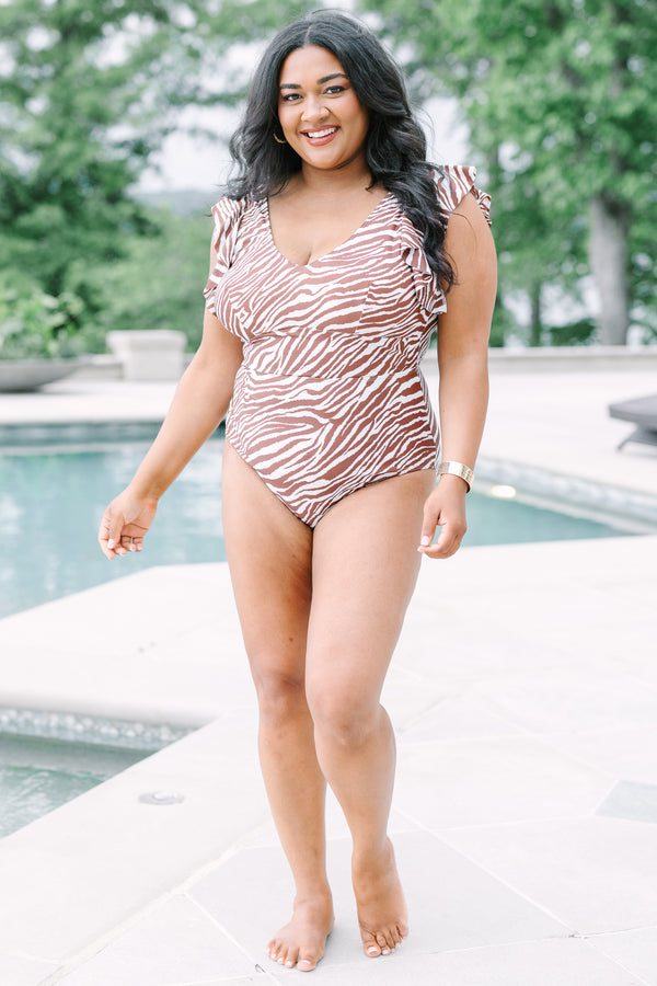 Plus Size brown and white zebra print one-piece swimsuit with ruffled sleeves and a V-neckline.