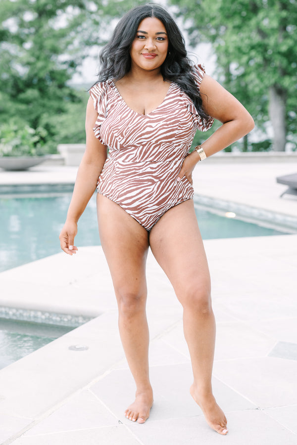 Plus Size brown and white zebra print one-piece swimsuit with ruffled sleeves and a V-neckline.