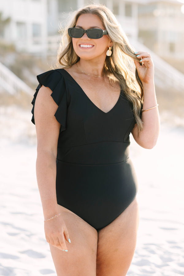 Chic Soul plus size clothing, black one piece swimsuit with a v-neckline and flutter sleeves 